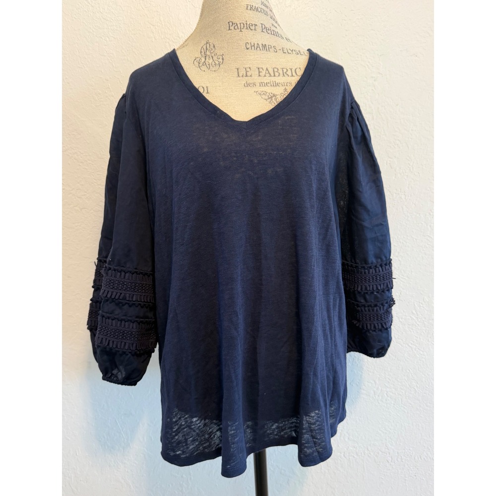 Chicos Navy Blue 100% Linen V-Neck Top Puff Sleeve Crochet Lace Trim Size 3 XL